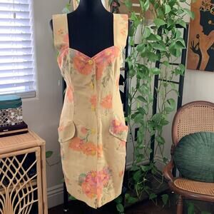 Vintage 80s Jacques Gevertz Paris Yellow Floral Linen Button Up Boho Femme Dress